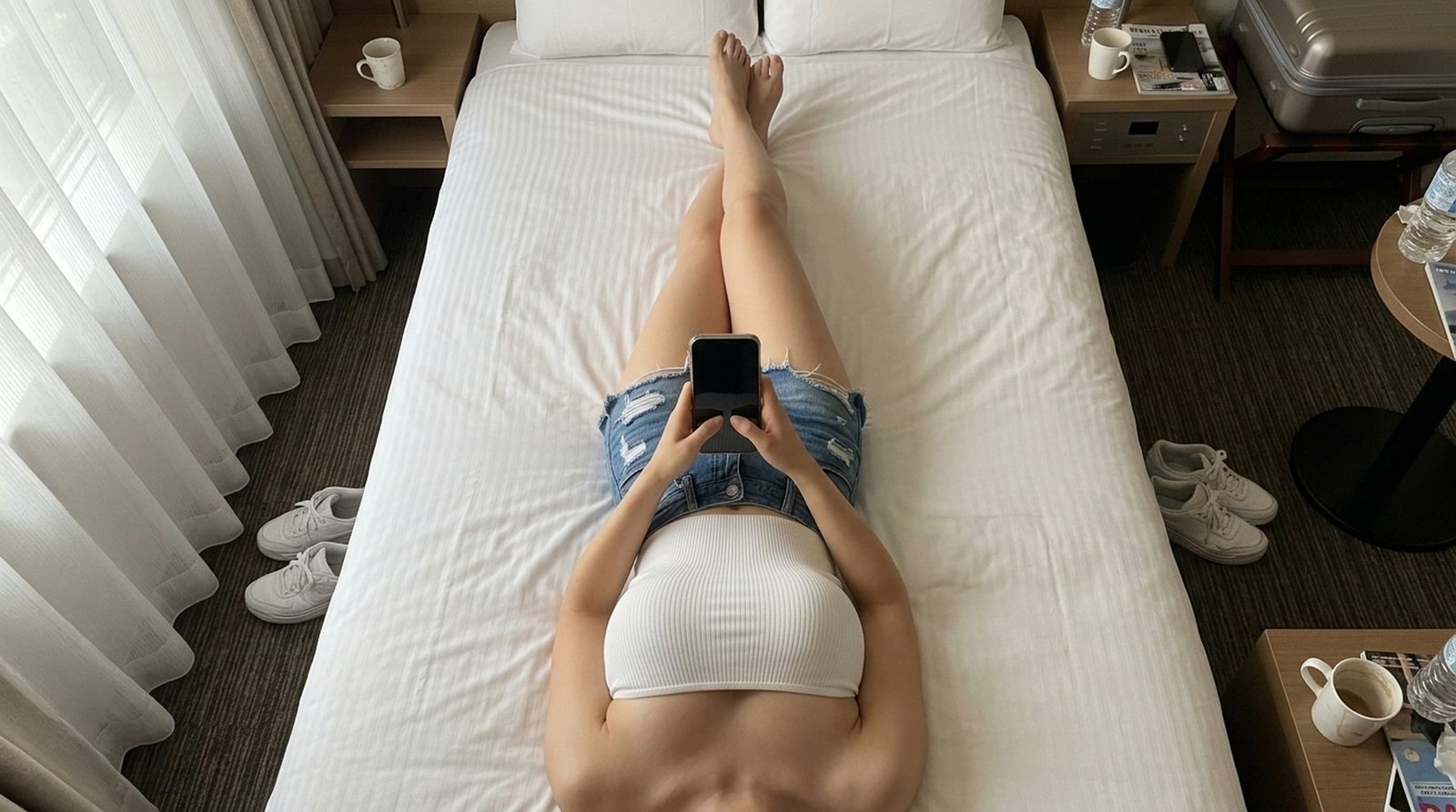 パパ活の待ち合わせ前にホテルの部屋でスマホを見る女性