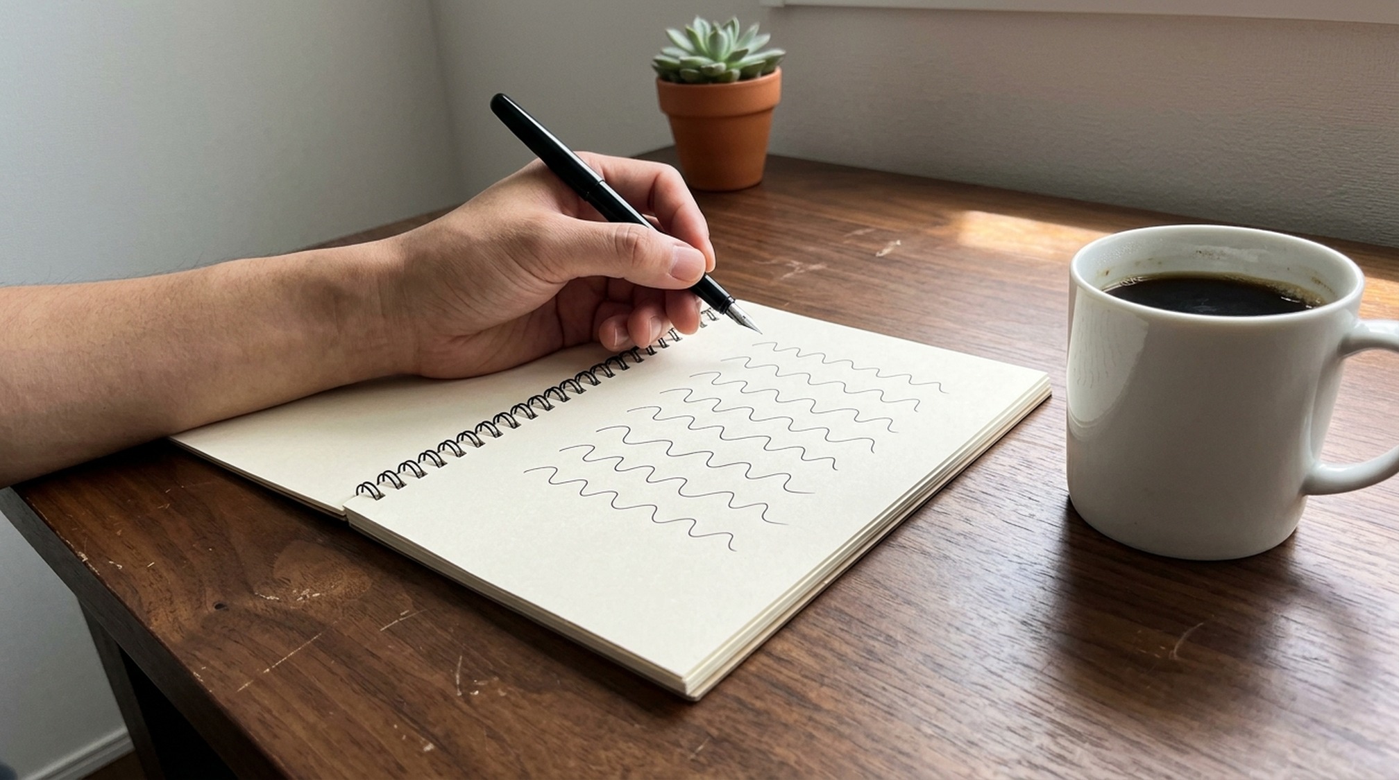 PJの良い評判をノートに書き出す手元