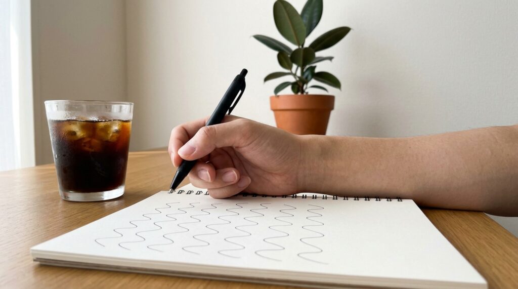 Patronaの良い口コミをノートに書き出す手元