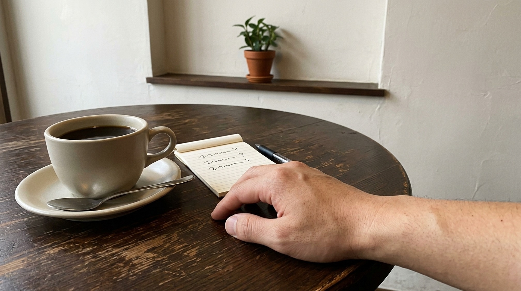 パパ活アプリの男性料金についての疑問を書き出したメモとコーヒー
