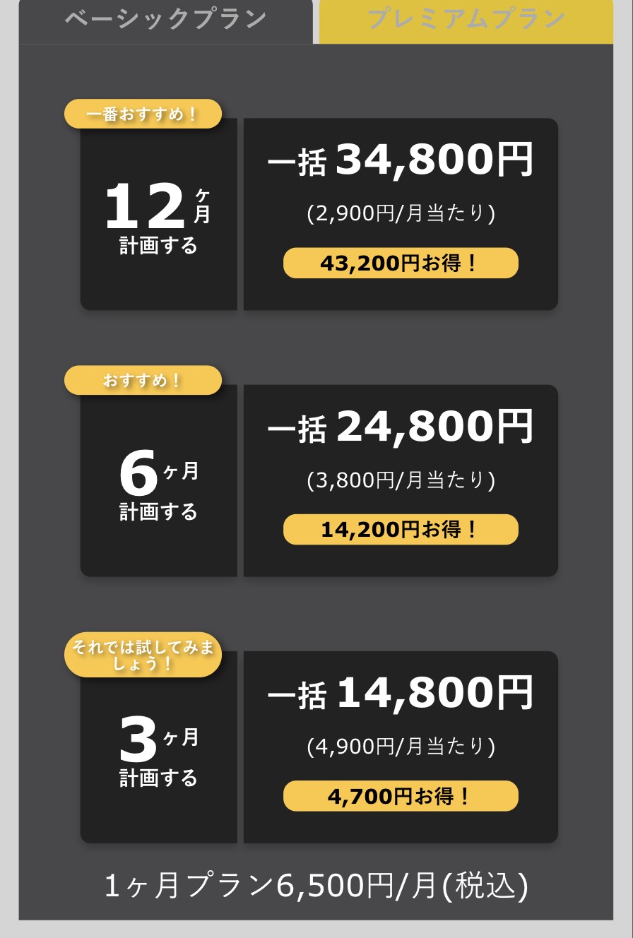 MITSUMITSUのベーシックプランの4段階の料金が並んだ公式の料金体系