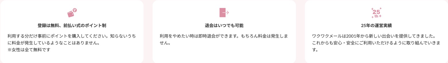 ワクワクメールの前払い式ポイント制と即時退会、25年の運営実績についての公式の説明