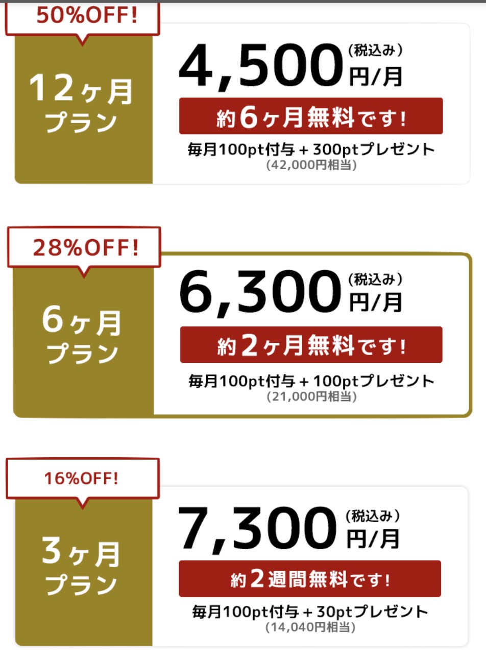 PJのWEB版の3プランが並んだ公式の料金体系