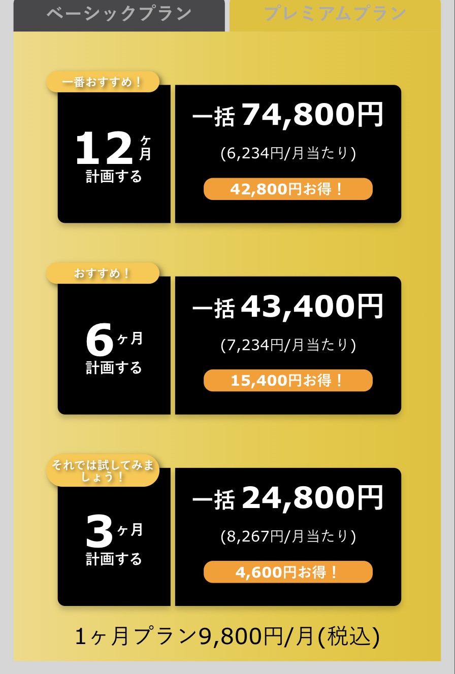 MITSUMITSUのプレミアムプランの4段階の料金が並んだ公式の料金体系