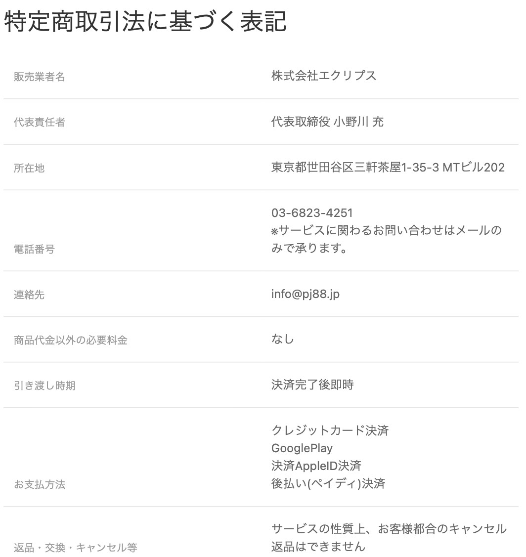 PJの運営会社と所在地が載った特定商取引法に基づく表記