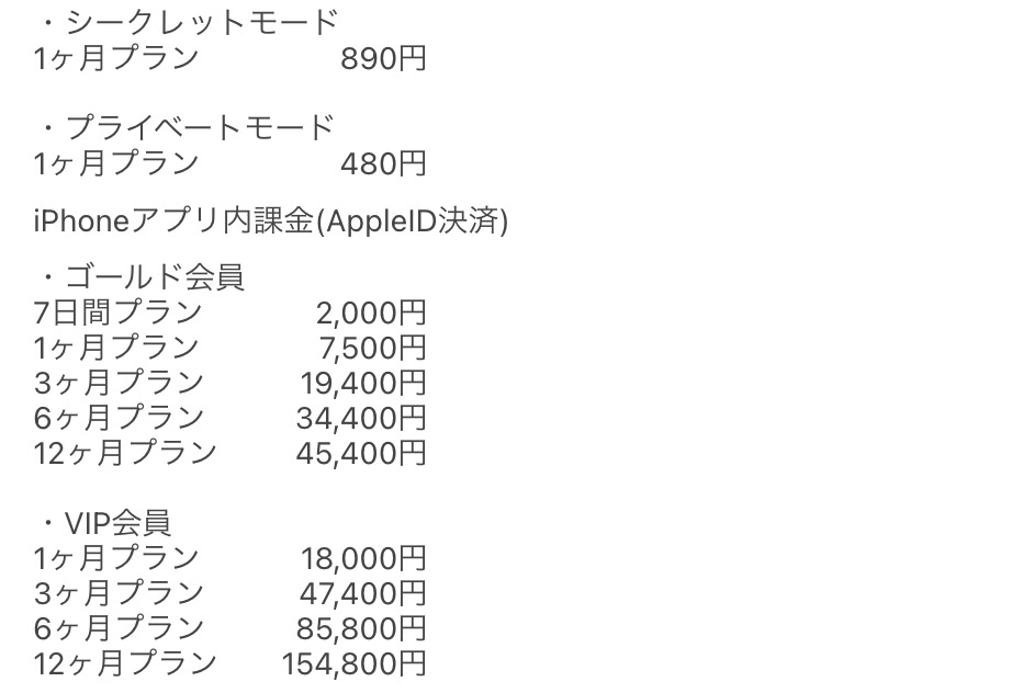 Pappyの料金のうちシークレットモード890円とプライベートモード480円の記載