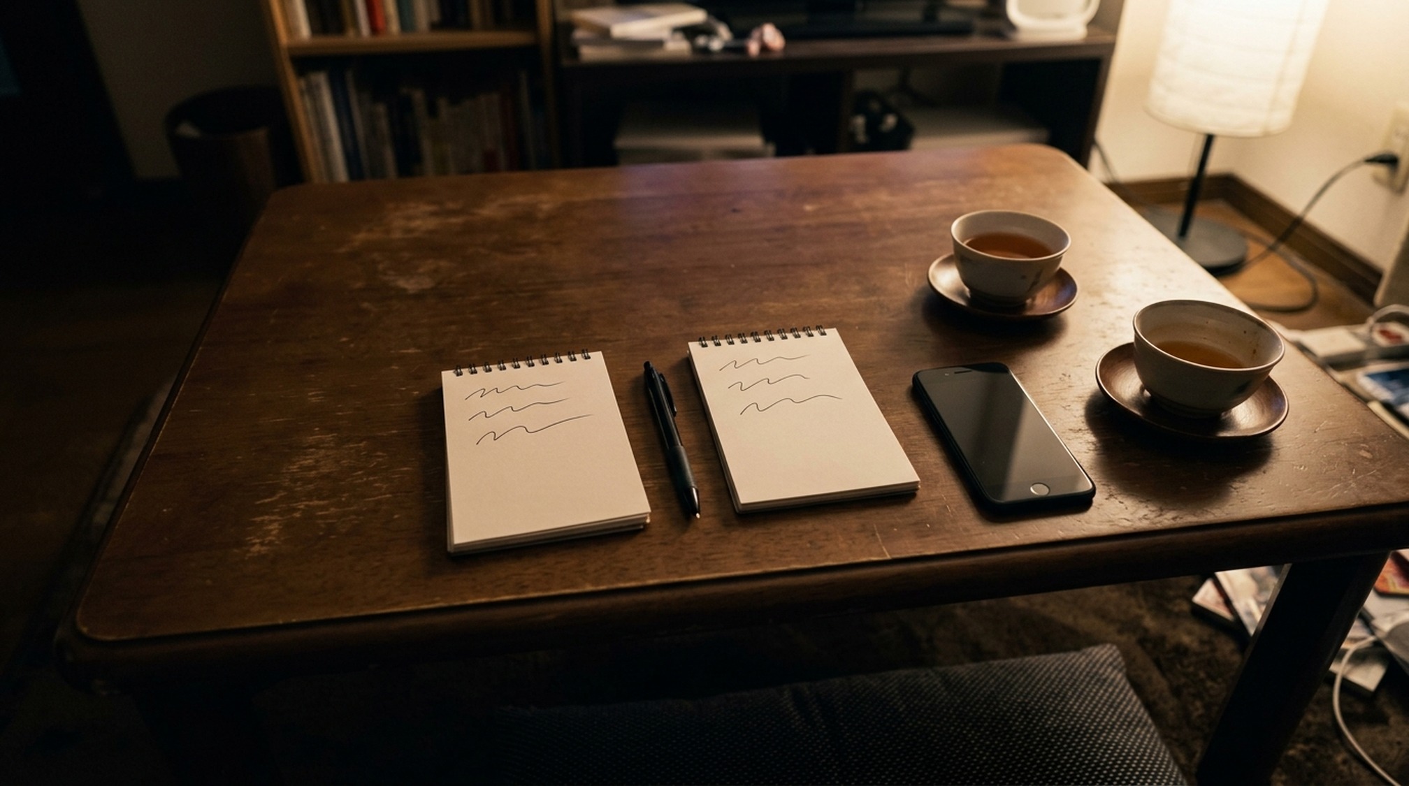 ペイターズとpaddyの口コミを2冊のメモに分けて並べた夜のテーブル