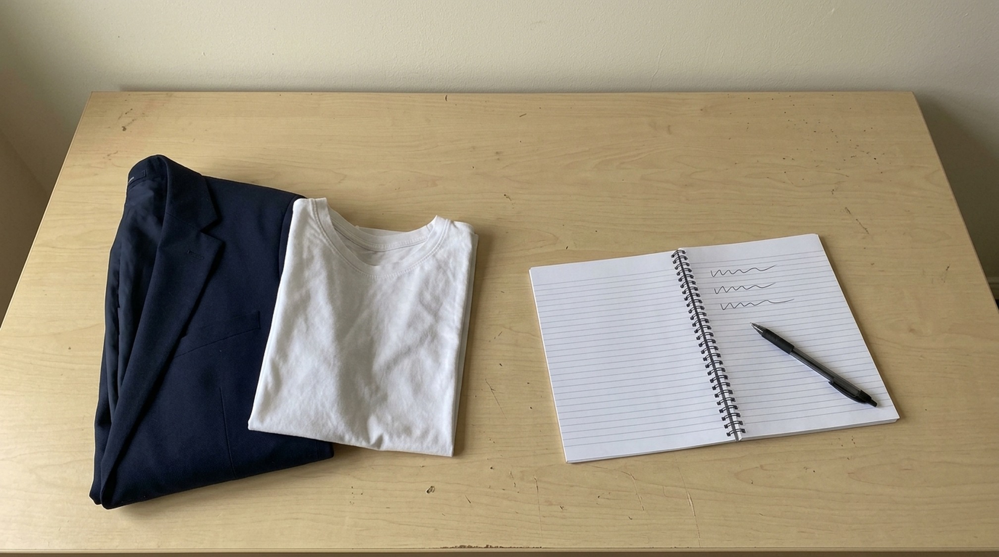 パパ活の服装の基準を書き出したノートとジャケットを俯瞰した机