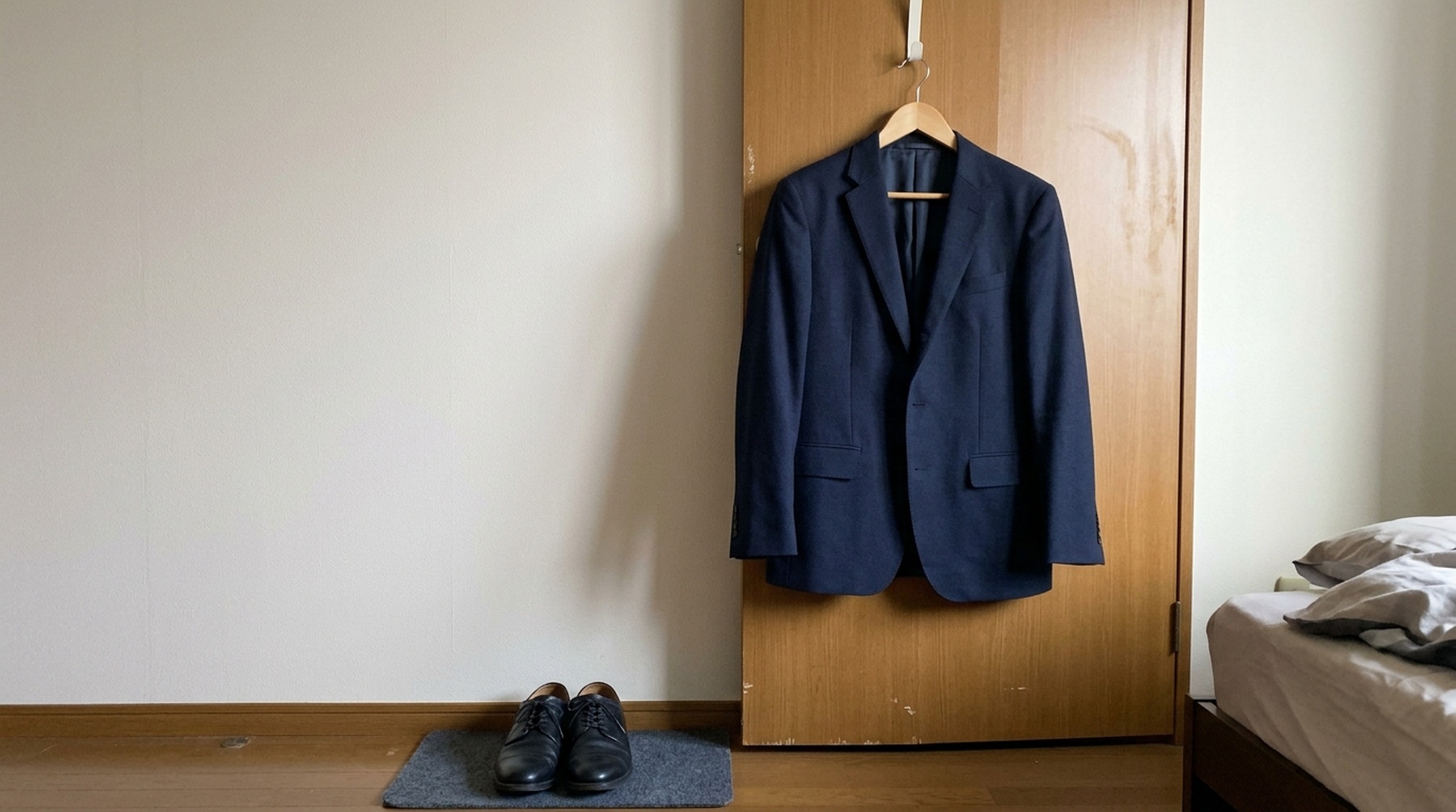 パパ活の服装の前提となる紺ジャケットと革靴を用意した部屋