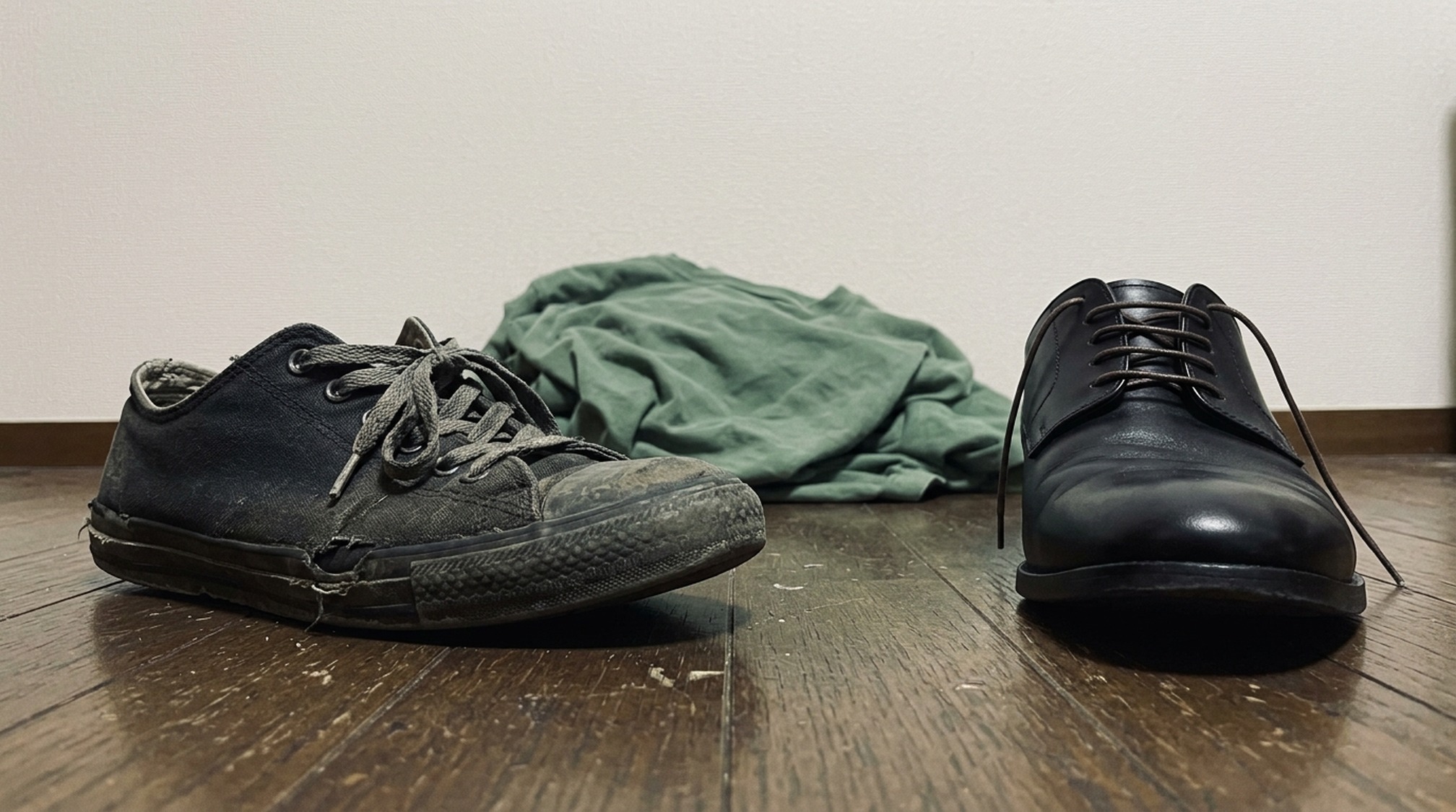 パパ活でNGの服装にあたる履き古したスニーカーと手入れされた革靴の対比