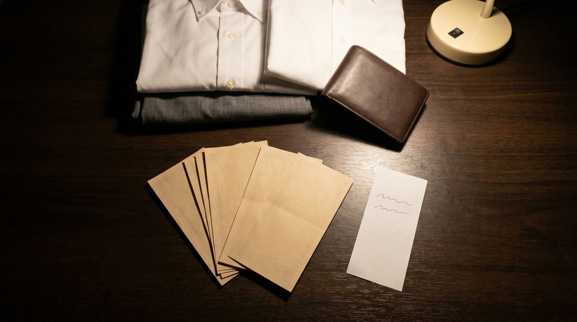 パパ活の服装の予算を整理した夜の机の上の封筒と畳んだシャツ