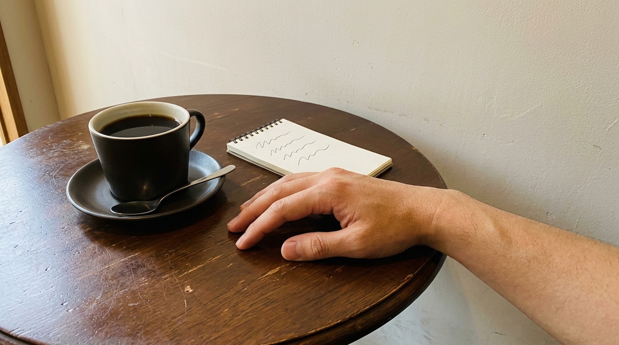 パパ活の2回目についての疑問を書き出したメモとコーヒー